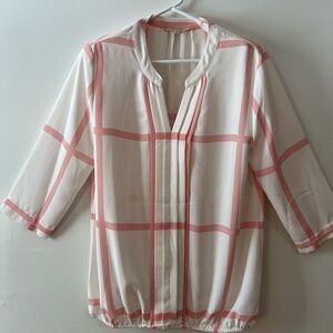 41 Hawthorn Juanis Pleat Gathering Hem White Red Grid V Neck Blouse Size Large